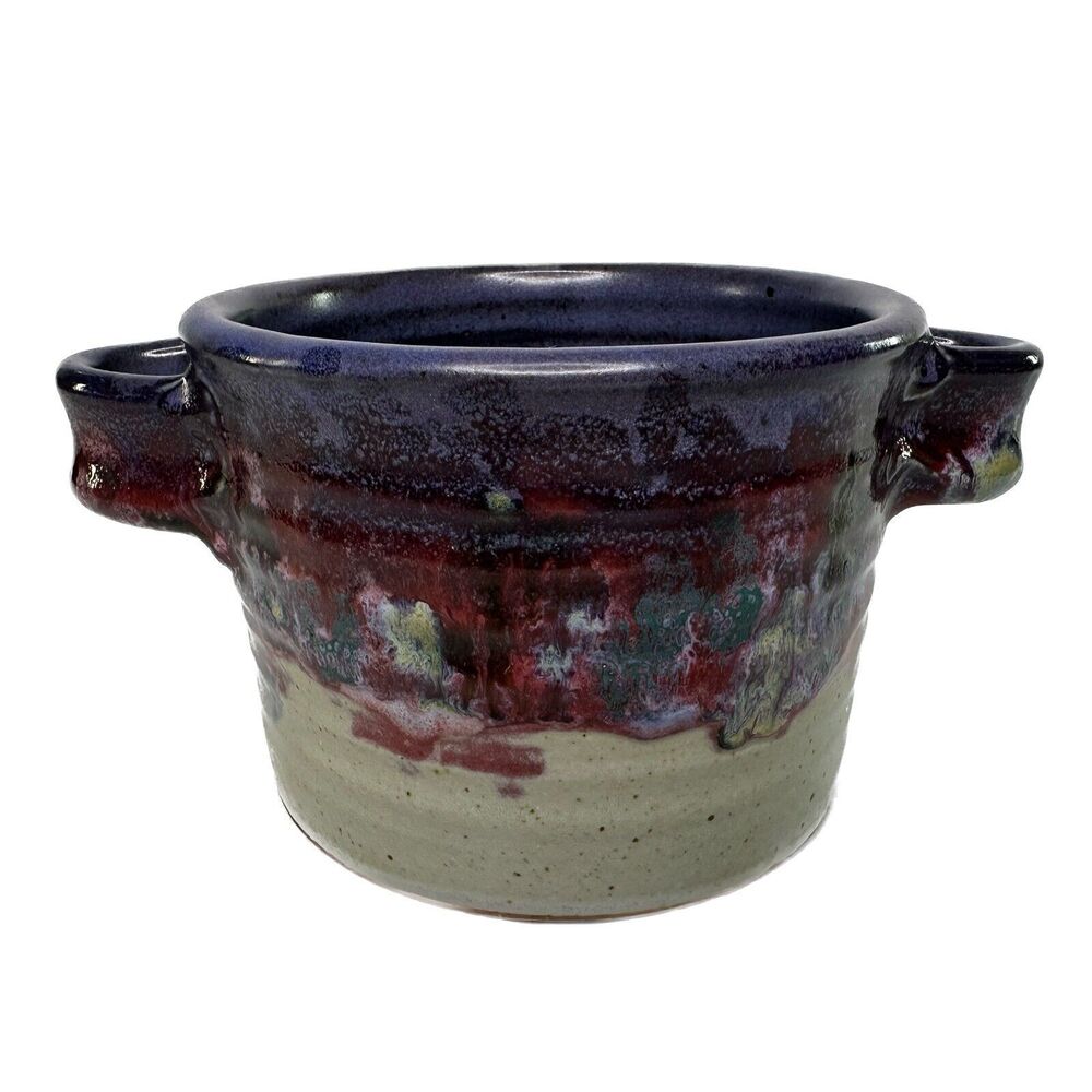 Art Pottery Pot Unsigned‎ Double Handles 4.5” Handmade Gray Purple Blue Swirl